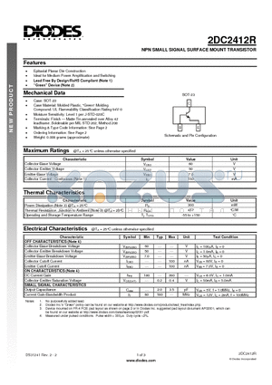 2DC2412R datasheet - NPN SMALL SIGNAL SURFACE MOUNT TRANSISTOR