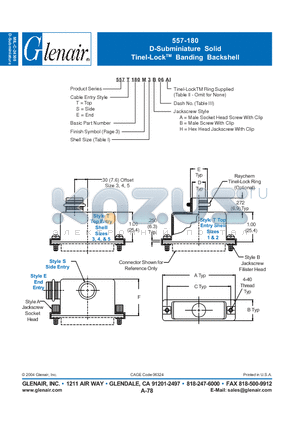 557S180M datasheet - D-Subminiature Solid Tinel-Lock Banding Backshell