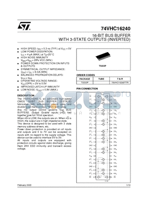 74VHC16240 datasheet - 16-BIT BUS BUFFER WITH 3-STATE OUTPUTS (INVERTED)