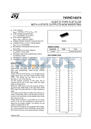 74VHC16374TTR datasheet - 16-BIT D-TYPE FLIP FLOP WITH 3-STATE OUTPUTS NON INVERTING