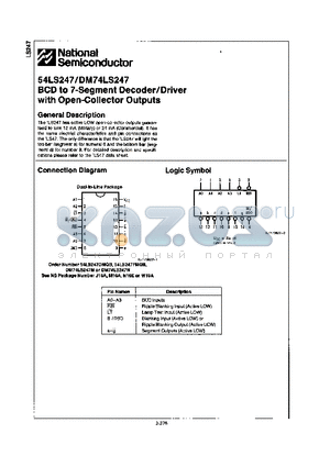 DM74LS247 datasheet - BCD TO 7-SEGMENT DECODER/DRIVER WITH OPEN-COLLECTOR OUTPUTS
