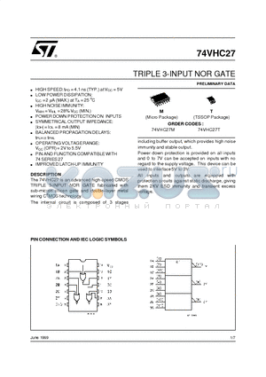 74VHC27M datasheet - TRIPLE 3-INPUT NOR GATE