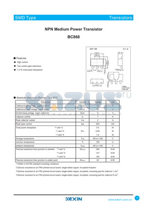 BC868-25 datasheet - NPN Medium Power Transistor