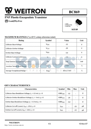 BC869 datasheet - PNP Plastic-Encapsulate Transistor