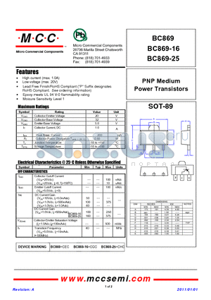 BC869 datasheet - PNP Medium Power Transistors