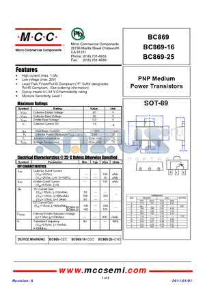 BC869-25 datasheet - PNP Medium Power Transistors