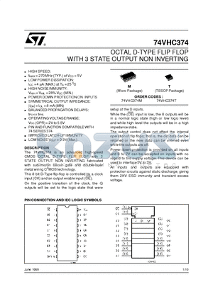 74VHC374M datasheet - OCTAL D-TYPE FLIP FLOP WITH 3 STATE OUTPUT NON INVERTING