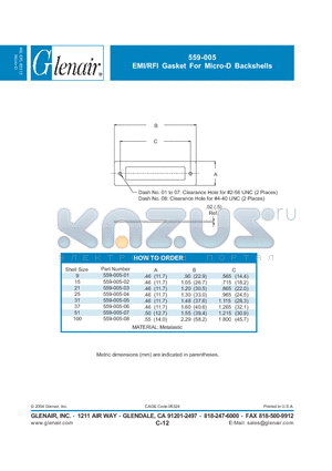 559-005 datasheet - EMI/RFI Gasket For Micro-D Backshells