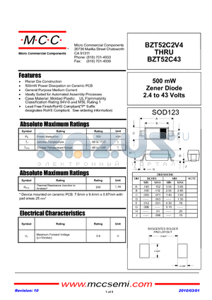 BZT52C12-TP datasheet - 500 mW Zener Diode 2.4 to 43 Volts