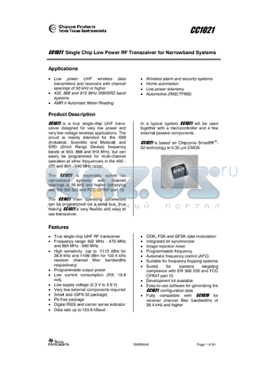 CC1020-1070DK-433 datasheet - Single Chip Low Power RF Transceiver for Narrowband Systems