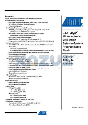 ATTINY24-20PU datasheet - 8-bit AVR Microcontroller with 2/4/8K Bytes In-System Programmable Flash