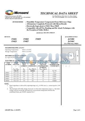 1N821 datasheet - Monolithic Temperature Compensated Zener Reference Chips