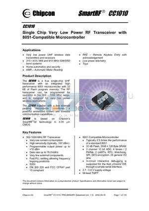 CC1010T datasheet - Single Chip Very Low Power RF Transceiver with 8051-Compatible Microcontroller