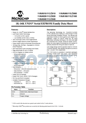 11AA010 datasheet - 1K-16K UNI/O^ Serial EEPROM Family Data Sheet