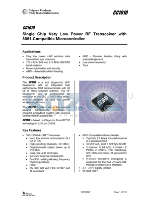 CC1010-STR1 datasheet - Single Chip Very Low Power RF Transceiver with 8051-Compatible Microcontroller