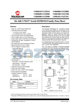 11AA010 datasheet - 1K-16K UNI/O^ Serial EEPROM Family Data Sheet