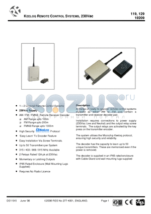 119S2-433A datasheet - KEELOQ REMOTE CONTROL SYSTEMS, 230Vac
