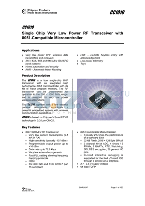 CC1010SK datasheet - Single Chip Very Low Power RF Transceiver with 8051-Compatible Microcontroller