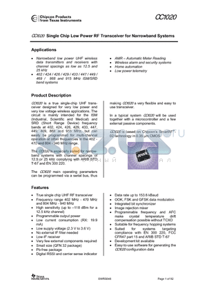 CC1020-RTR1 datasheet - Single Chip Low Power RF Transceiver for Narrowband Systems