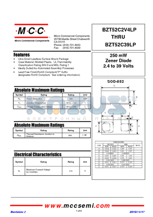 BZT52C15LP datasheet - 250 mW Zener Diode 2.4 to 39 Volts