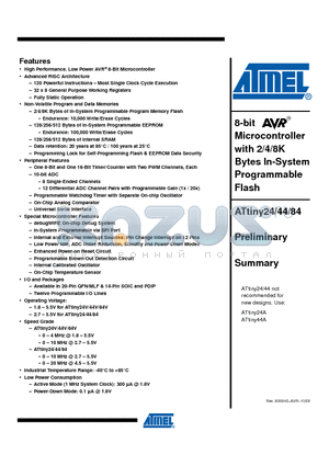 ATTINY24_09 datasheet - 8-bit Microcontroller with 2/4/8K Bytes In-System Programmable Flash