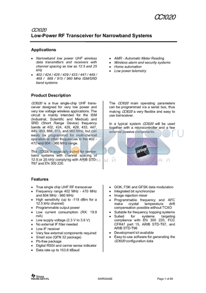 CC1020 datasheet - Low-Power RF Transceiver for Narrowband Systems