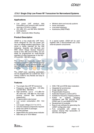 CC1021RUZR datasheet - Single Chip Low Power RF Transceiver for Narrowband Systems