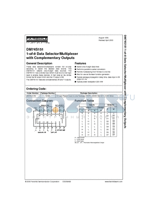 DM74S151 datasheet - 1-of-8 Data Selector/Multiplexer with Complementary Outputs