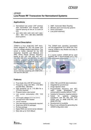 CC1020RUZ datasheet - Low-Power RF Transceiver for Narrowband Systems