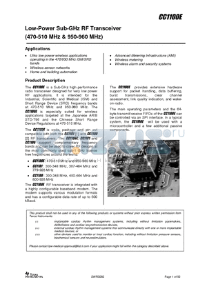 CC1100ERTKR datasheet - Low-Power Sub-GHz RF Transceiver(470-510 MHz & 950-960 MHz)