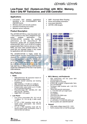 CC1110DK-868 datasheet - Low-Power SoC (System-on-Chip) with MCU, Memory, Sub-1 GHz RF Transceiver, and USB Controller