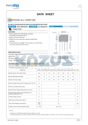 2KBP005M datasheet - IN-LINE GLASS PASSIVATED SINGLE-PHASE BRIDGE RECTIFIER