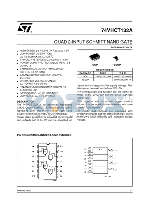 74VHCT132ATTR datasheet - QUAD 2-INPUT SCHMITT NAND GATE