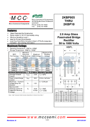 2KBP04 datasheet - 2.0 Amp Glass Passivated Bridge Rectifier 50 to 1000 Volts