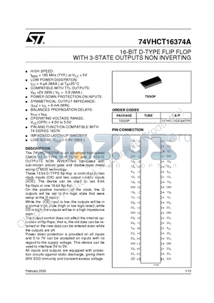 74VHCT16374A datasheet - 16-BIT D-TYPE FLIP FLOP WITH 3-STATE OUTPUTS NON INVERTING