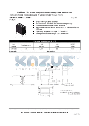 BCM-2005 datasheet - COMMON MODE CHOKE FOR USE IN ADSL POTS LOW PASS FILTE