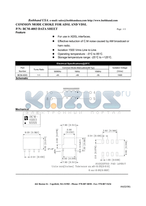 BCM-4003 datasheet - COMMON MODE CHOKE FOR ADSL AND VDSL