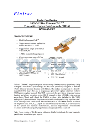 DM80-02-1 datasheet - 10Gb/s 120km Telecom CMLTM Transmitter Optical Sub-Assembly (TOSA)