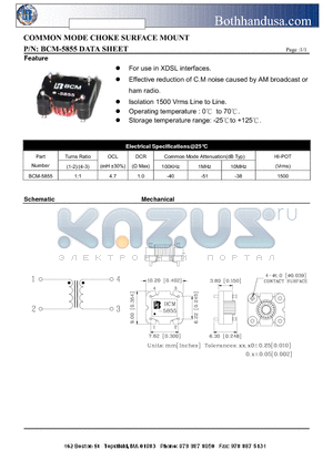 BCM-5855 datasheet - COMMON MODE CHOKE SURFACE MOUNT