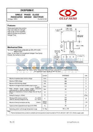 2KBP08M-E datasheet - SINGLE PHASE GLASS PASSIVATED BRIDGE RECTIFIER Voltage: 800V Current:2.0A