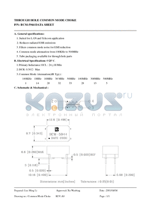 BCM-5944 datasheet - THROUGH HOLE COMMON MODE CHOKE