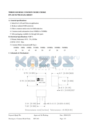 BCM-7501 datasheet - THROUGH HOLE COMMON MODE CHOKE