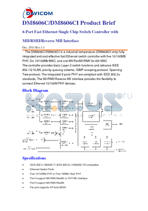 DM8606C datasheet - 6-Port Fast Ethernet Single Chip Switch Controller with MII/RMII/Reverse MII Interface