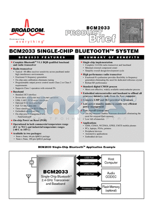 BCM2033KFB datasheet - SINGLE CHIP BLUETOOTH SYSTEM