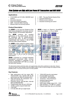 CC1110DK datasheet - True System-on-Chip with Low Power RF Transceiver and 8051 MCU