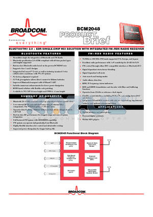 BCM2048 datasheet - BLUETOOTH 2.0  EDR SINGLE-CHIP HCI SOLUTION WITH INTEGRATED FMRDS RADIO RECEIVER