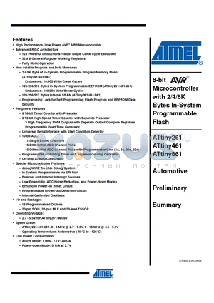 ATTINY261-ESXZ datasheet - 8-bit Microcontroller with 2/4/8K Bytes In-System Programmable Flash