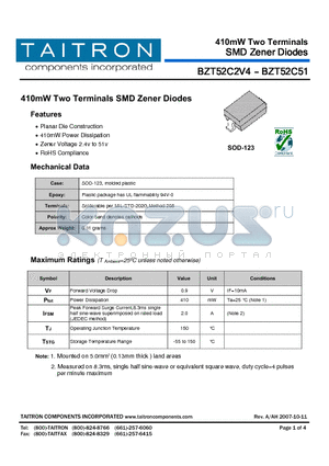 BZT52C2V4 datasheet - 410mW Two Terminals SMD Zener Diodes