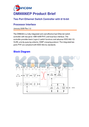 DM9006EP datasheet - Two Port Ethernet Switch Controller with 8/16-bit Processor Interface