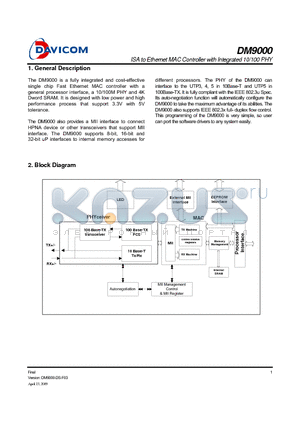 DM9000_09 datasheet - ISA to Ethernet MAC Controller with Integrated 10/100 PHY